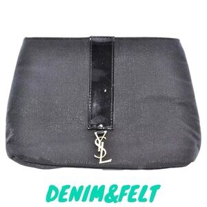 Yves‎ Saint Laurent YSL Black Canvas Pouch w Leather Accents Top Zip Makeup Bag